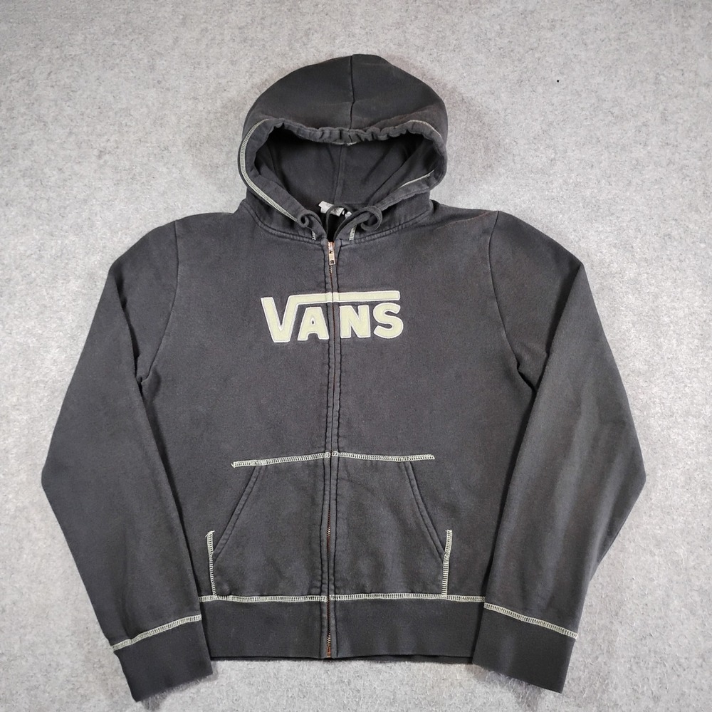 Vans Y2K Spellout Full Zip Hoodie Womens Large Black Contrast Stitch Sweatshirt